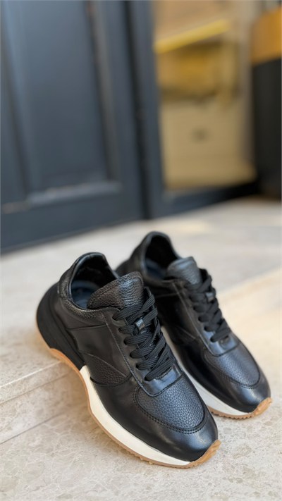 %100 Hakiki Deri  Taban Detaylı Sneakers Siyah