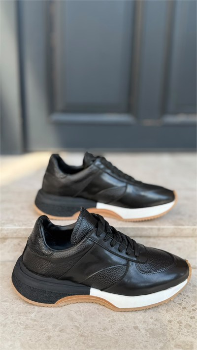 %100 Hakiki Deri  Taban Detaylı Sneakers Siyah