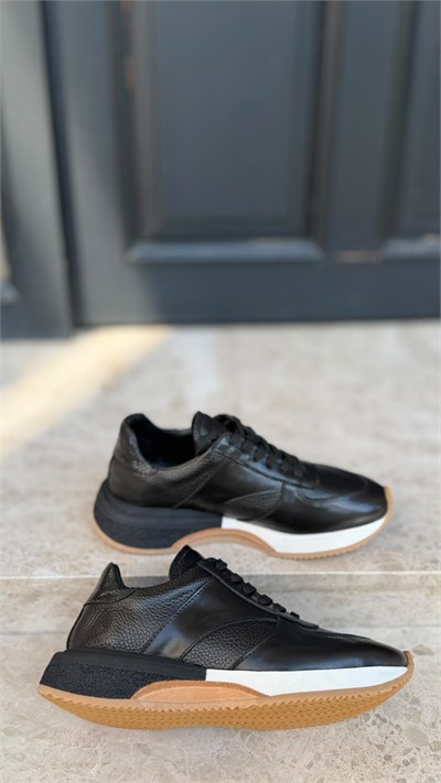 %100 Hakiki Deri  Taban Detaylı Sneakers Siyah