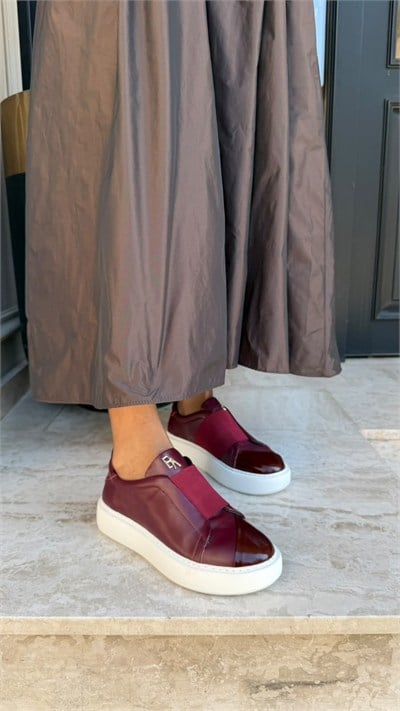 Düz Bantlı %100 Hakiki Deri Özel Seri Sneakers Bordo