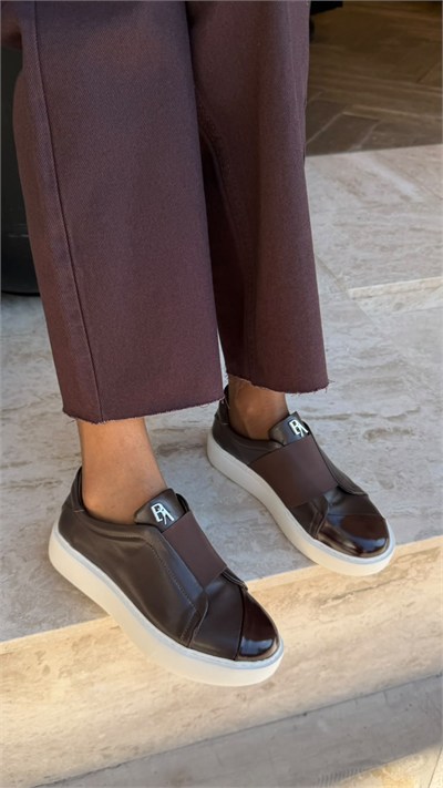 Düz Bantlı %100 Hakiki Deri Özel Seri Sneakers Acı Kahve