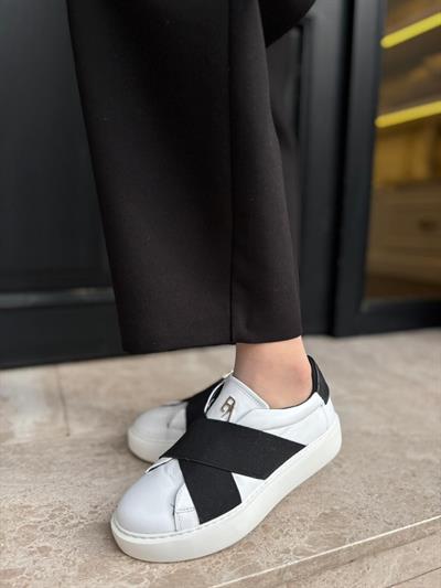 Düz Taban Çapraz Bantlı %100 Hakiki Deri Kadın Sneakers Beyaz