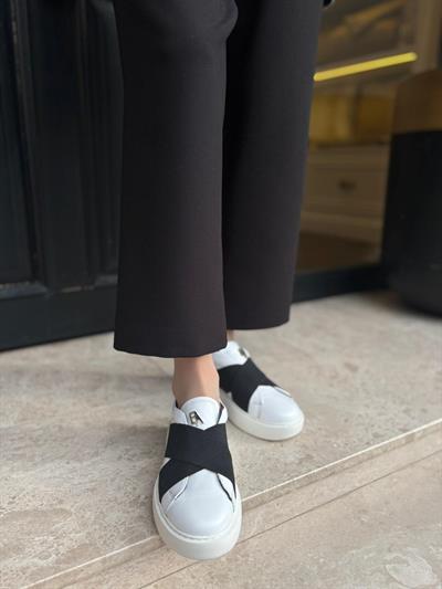 Düz Taban Çapraz Bantlı %100 Hakiki Deri Kadın Sneakers Beyaz