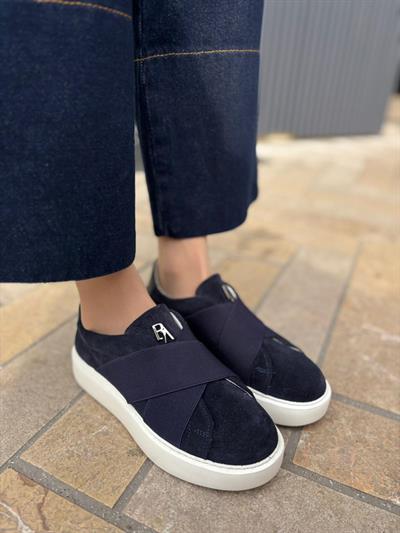 Düz Taban Çapraz Bantlı %100 Hakiki Deri Kadın Sneakers Lacivert