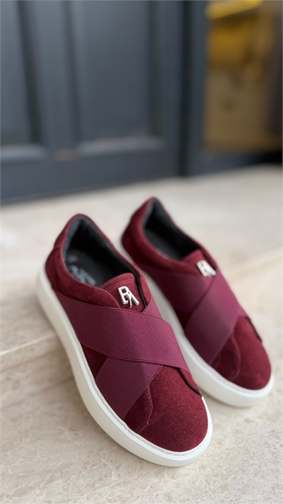 Düz Taban Çapraz Bantlı %100 Hakiki Deri Kadın Sneakers Bordo