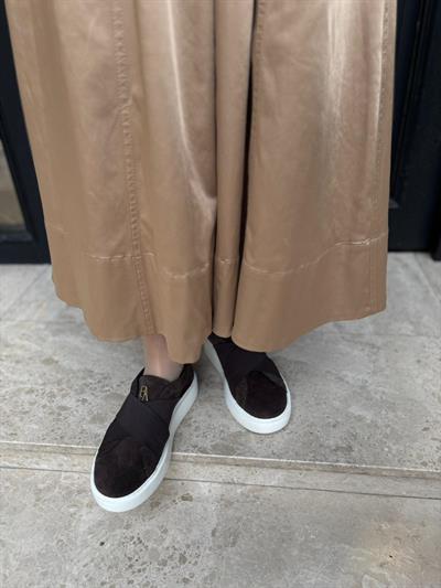 Düz Taban Çapraz Bantlı %100 Hakiki Deri Kadın Sneakers Acı Kahve