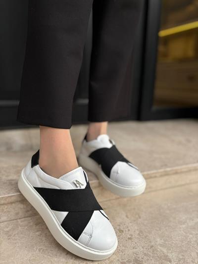 Düz Taban Çapraz Bantlı %100 Hakiki Deri Kadın Sneakers Beyaz