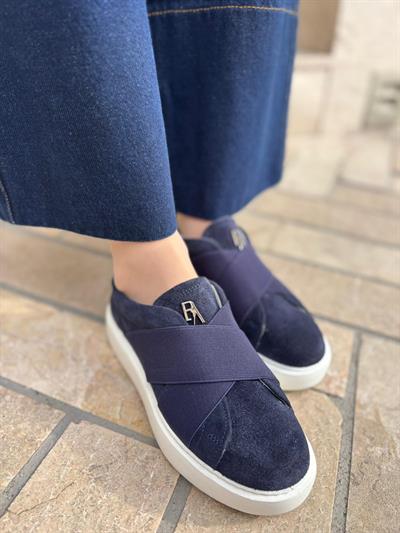 Düz Taban Çapraz Bantlı %100 Hakiki Deri Kadın Sneakers Lacivert