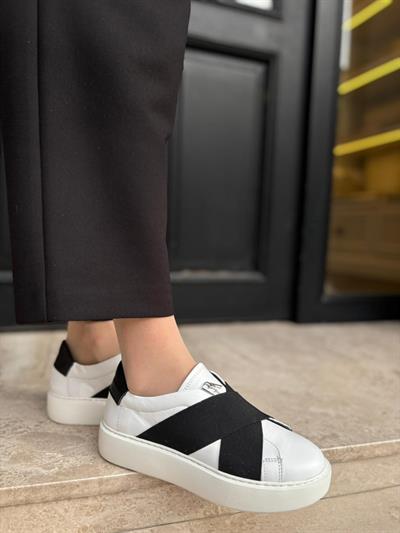 Düz Taban Çapraz Bantlı %100 Hakiki Deri Kadın Sneakers Beyaz