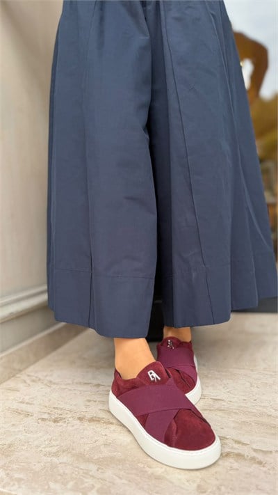 Düz Taban Çapraz Bantlı %100 Hakiki Deri Kadın Sneakers Bordo