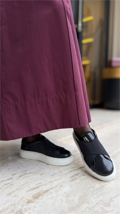 Düz Taban Çapraz Bantlı %100 Hakiki Deri Kadın Sneakers Siyah