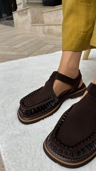 El işçiliği %100 Hakiki Deri Nubuk Sandalet Acı Kahve