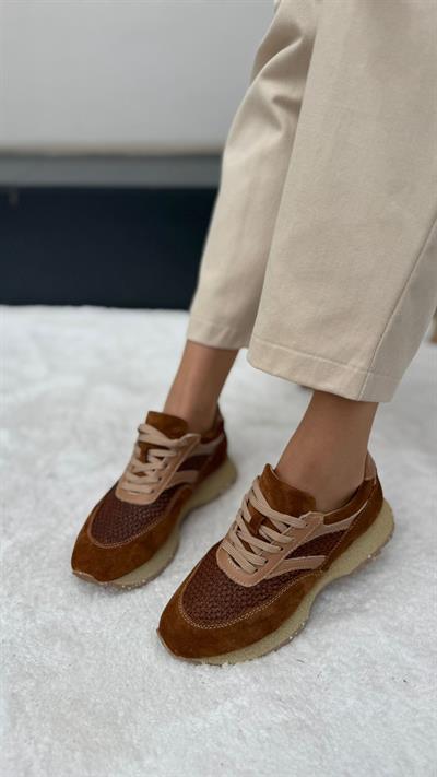 Hasır Detaylı Özel İşçilikli %100 Hakiki Deri Kadın Sneaker Kahverengi