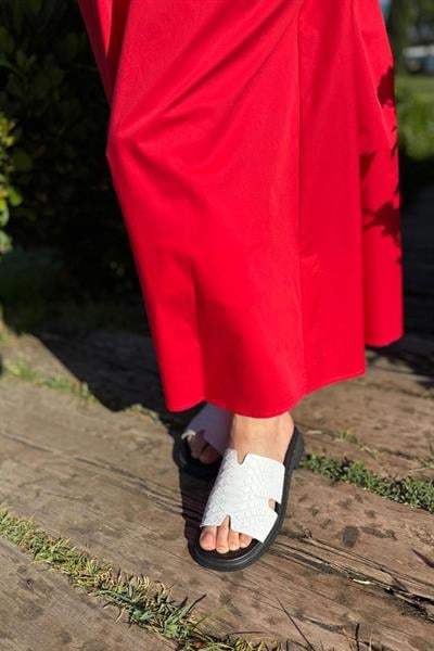 Kendiliğinden Desenli %100 Hakiki Deri Beyaz Terlik Beyaz