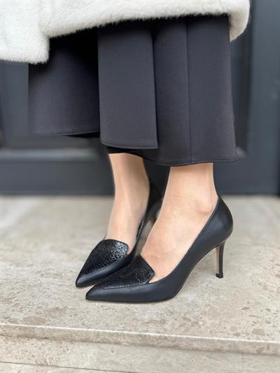 Kendinden Desenli %100 Hakiki Deri Stiletto Siyah