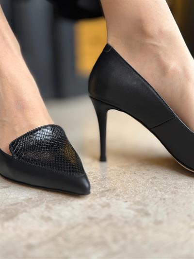 Kendinden Desenli %100 Hakiki Deri Stiletto Siyah
