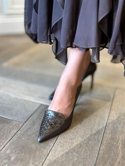 Kendinden Desenli %100 Hakiki Deri Stiletto Acı Kahve