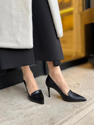 Kendinden Desenli %100 Hakiki Deri Stiletto Siyah