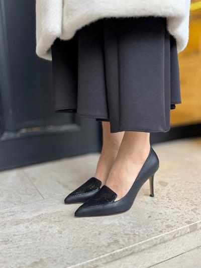 Kendinden Desenli %100 Hakiki Deri Stiletto Siyah