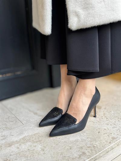 Kendinden Desenli %100 Hakiki Deri Stiletto Siyah
