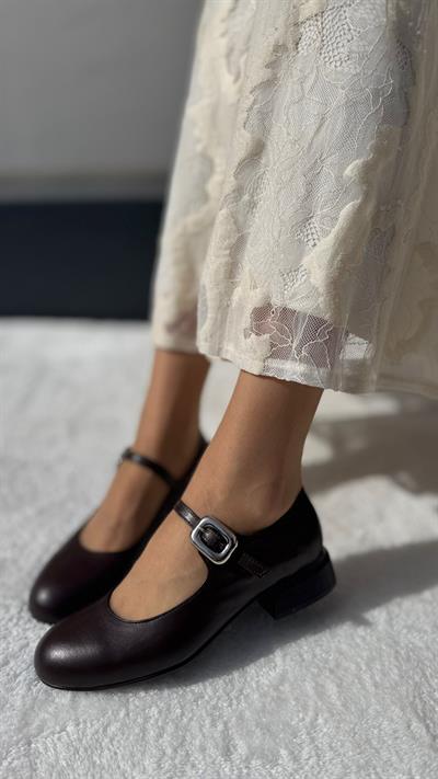 Klasık %100 Hakiki Deri (4cm) Babet Acı Kahve