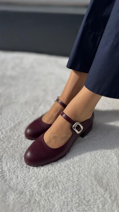 Klasık %100 Hakiki Deri (4cm) Babet Bordo