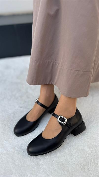 Klasık %100 Hakiki Deri (4cm) Babet Siyah