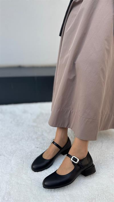 Klasık %100 Hakiki Deri (4cm) Babet Siyah