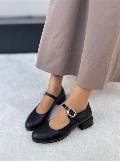 Klasık %100 Hakiki Deri (4cm) Babet Siyah