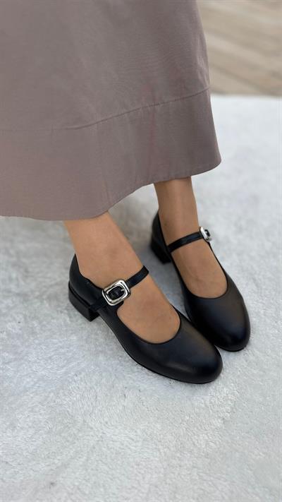 Klasık %100 Hakiki Deri (4cm) Babet Siyah