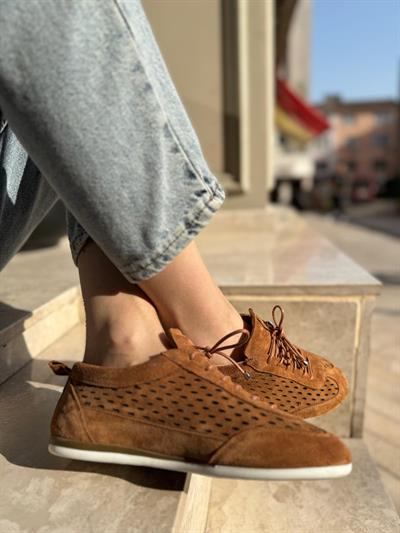 Lazer Kesim Hakiki Deri Spor Ayakkabı Taba