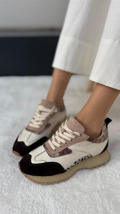 Leopar Detaylı %100 Hakiki Deri Spor Bej
