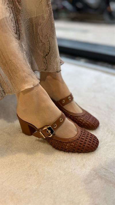 Örme %100 Hakiki Deri Özel Seri Topuklu (7cm)Terlik Taba
