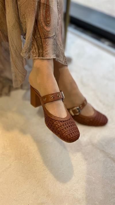 Örme %100 Hakiki Deri Özel Seri Topuklu (7cm)Terlik Taba