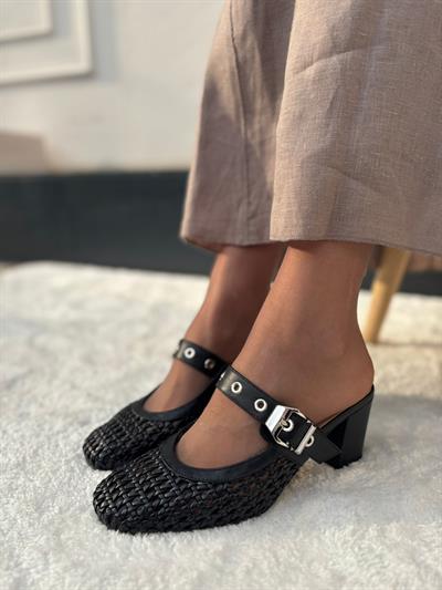 Örme %100 Hakiki Deri Özel Seri Topuklu (7cm)Terlik Siyah