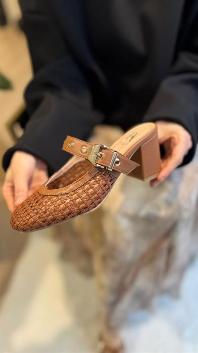 Örme %100 Hakiki Deri Özel Seri Topuklu (7cm)Terlik Taba