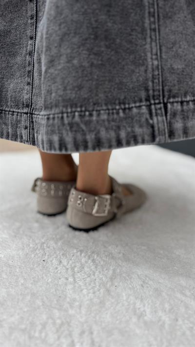 Punk Stil Göz Detaylı %100 Hakiki Gri Süet Babet Gri