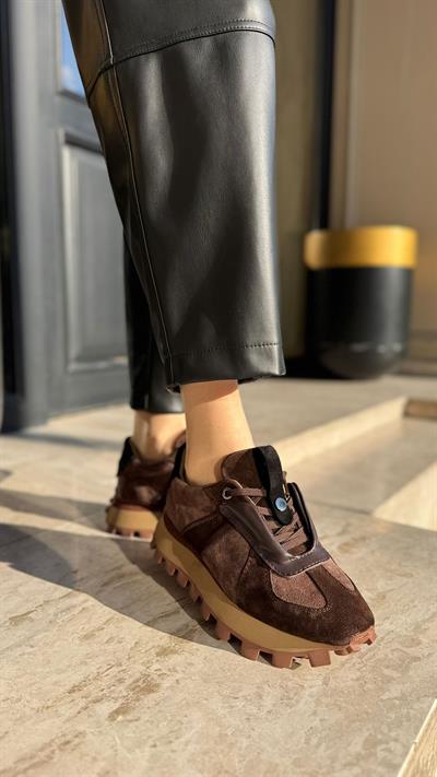 Renk Geçişli %100 Hakiki Deri Kadın Spor Ayakkabı Acı Kahve