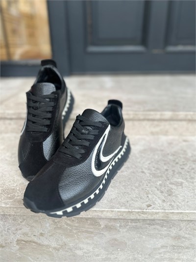 Siyah Beyaz Geçişli Hakiki Deri Spor Siyah