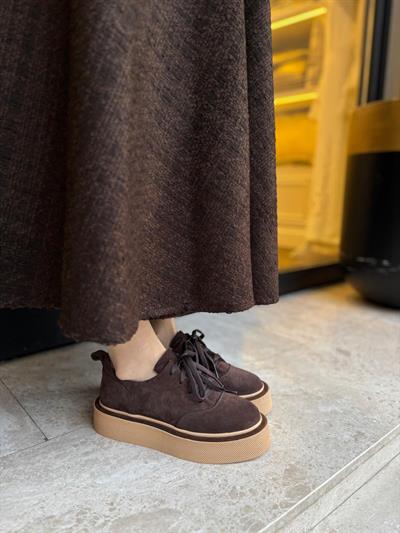 Yüksek Taban %100 Nubuk Deri Kadın Sneaker Acı Kahve