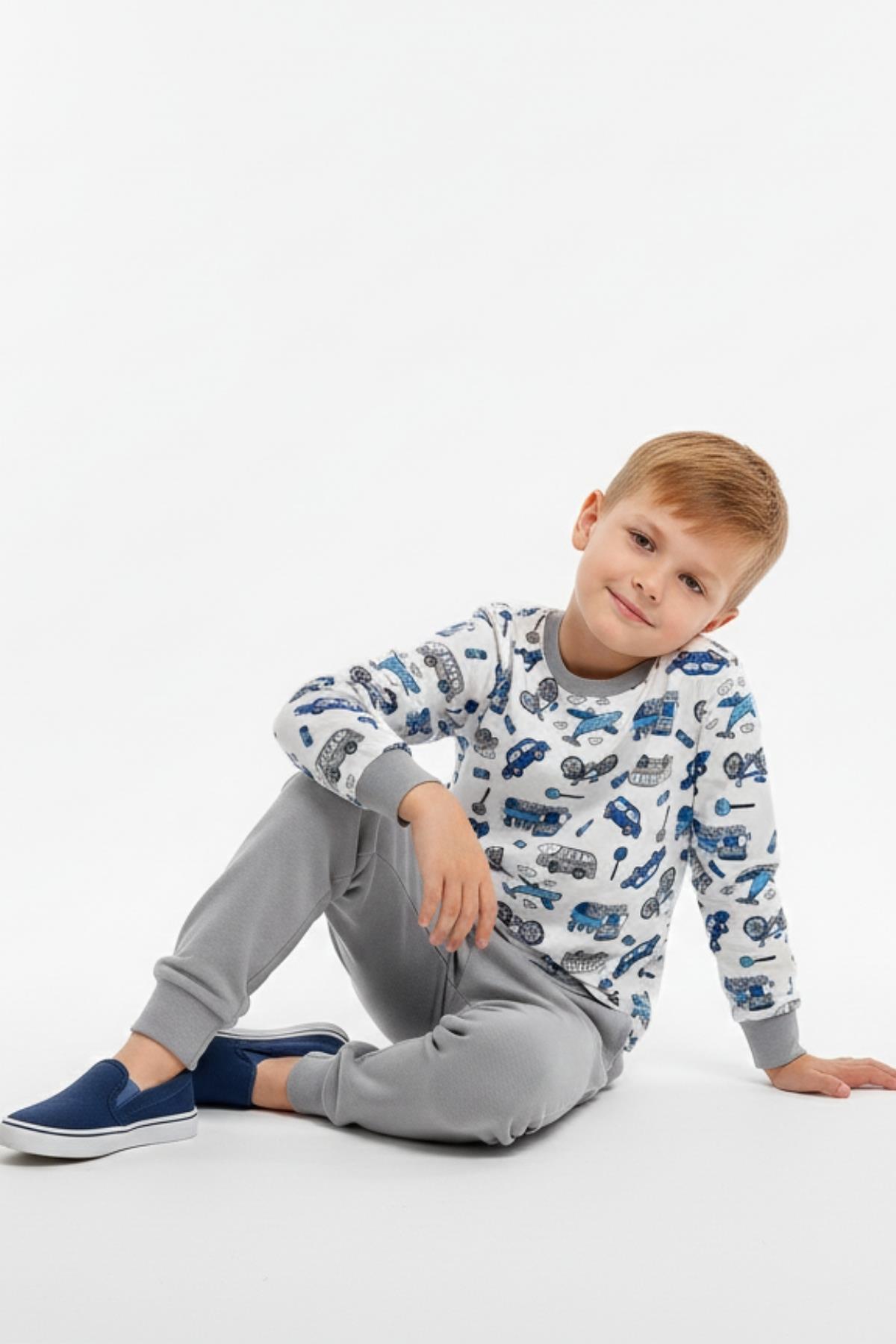 Araba ve Bisiklet Desenli Uzun Kollu Mevsimlik Erkek Çocuk Pamuk Pijama Takımı