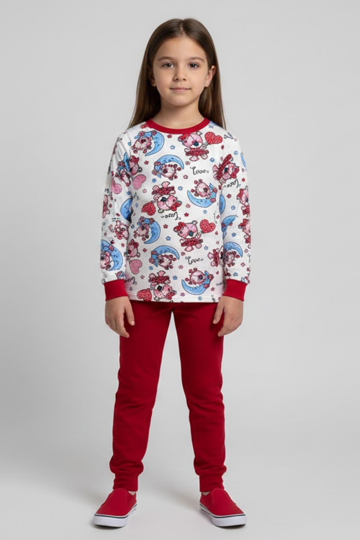 Ayıcık ve Ay Desenli Uzun Kollu Mevsimlik Pamuk Kız Çocuk Pijama Takımı