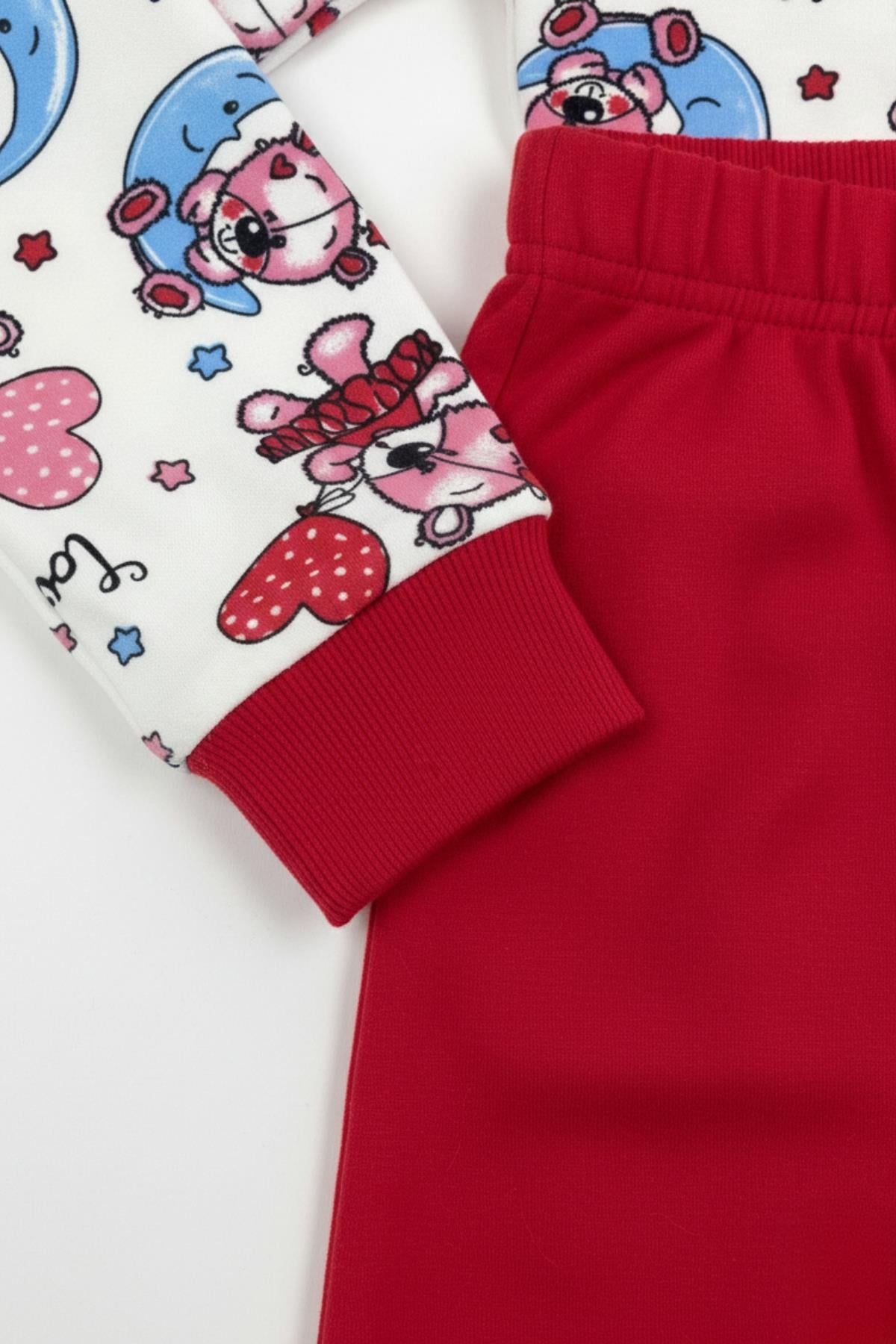 Ayıcık ve Ay Desenli Uzun Kollu Mevsimlik Pamuk Kız Çocuk Pijama Takımı