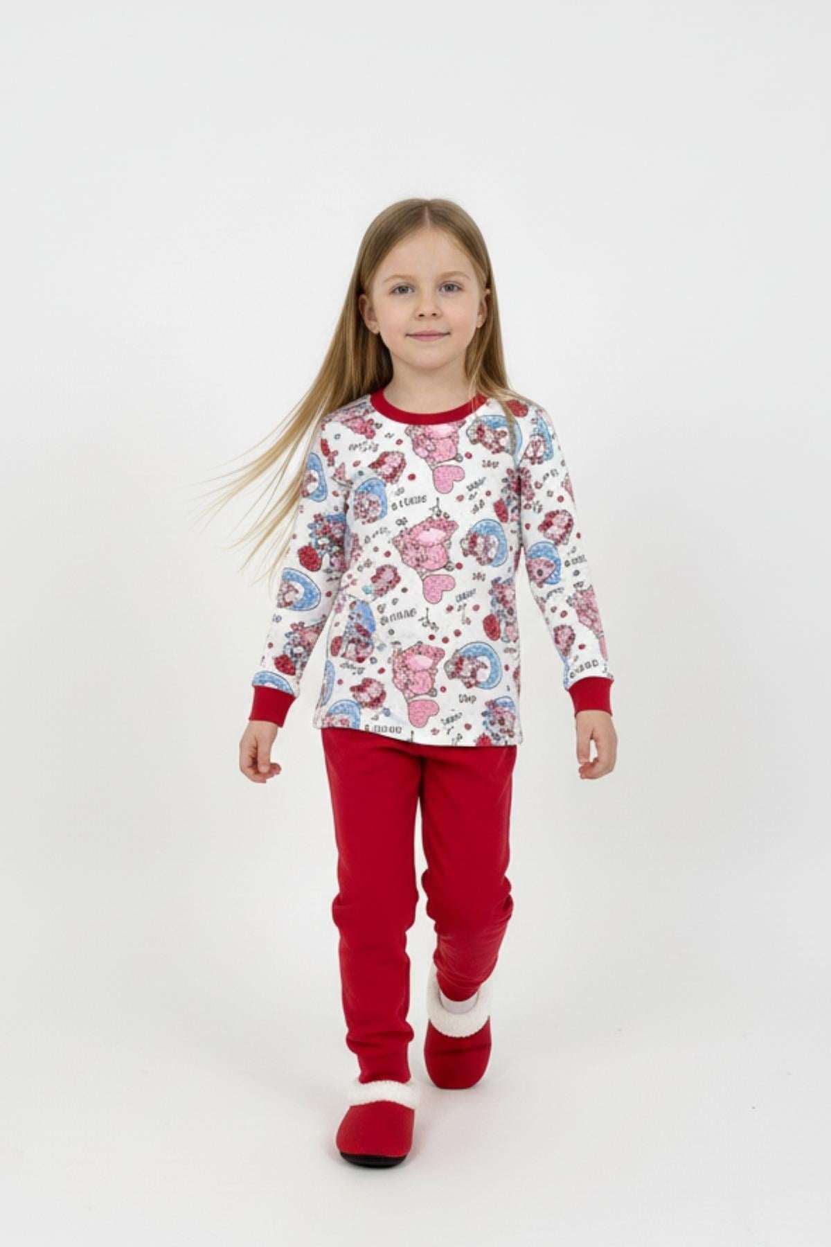 Ayıcık ve Ay Desenli Uzun Kollu Mevsimlik Pamuk Kız Çocuk Pijama Takımı