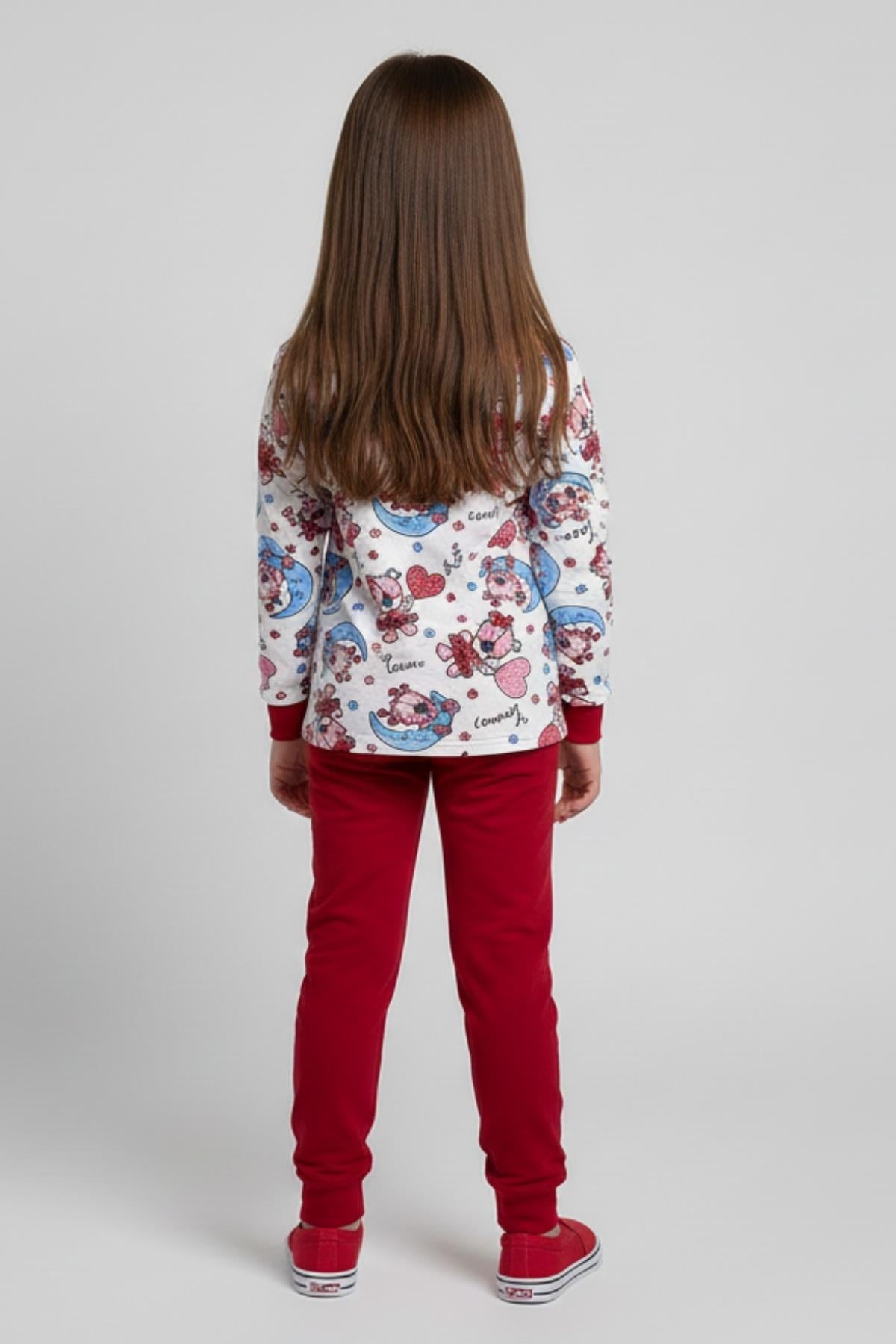 Ayıcık ve Ay Desenli Uzun Kollu Mevsimlik Pamuk Kız Çocuk Pijama Takımı