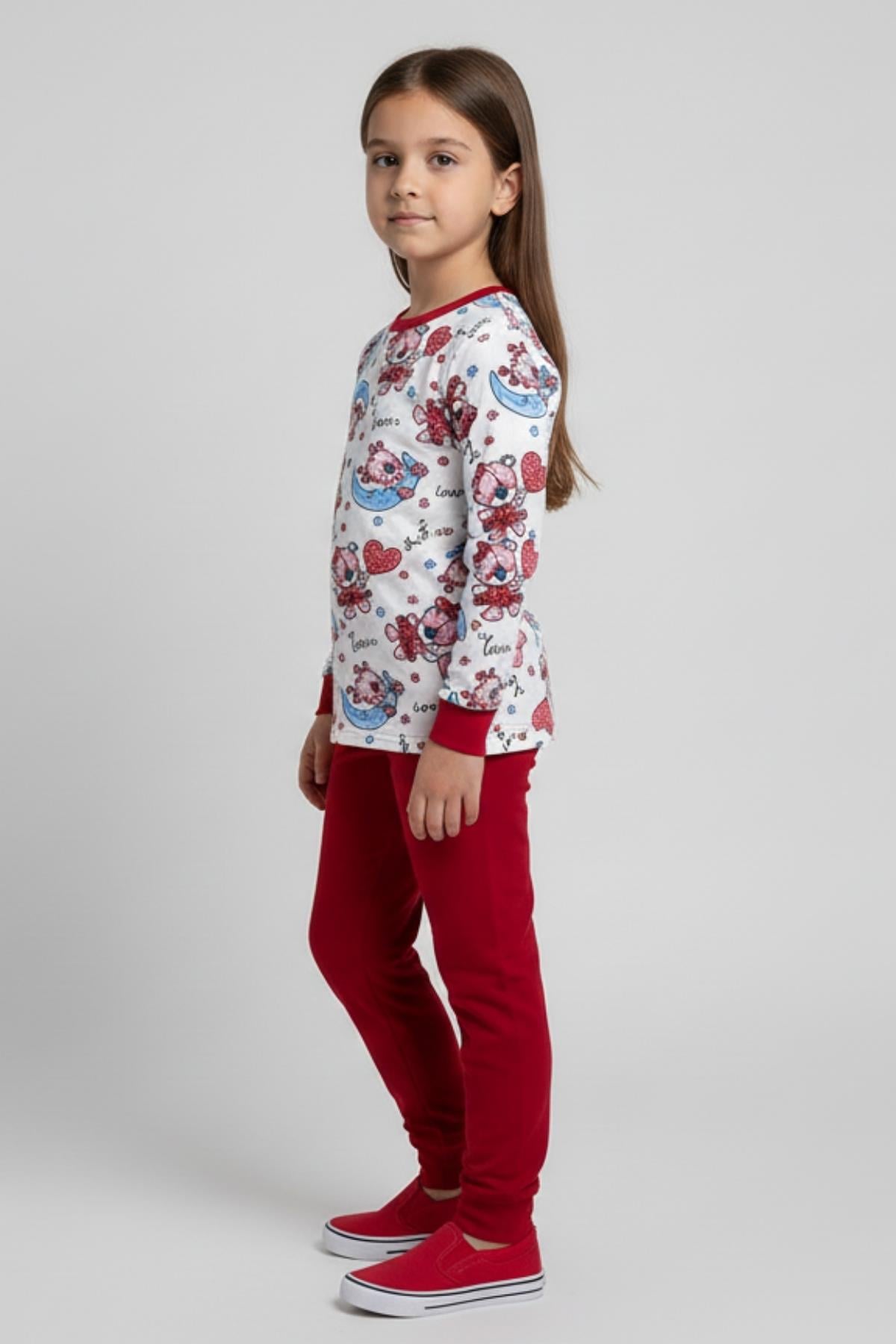 Ayıcık ve Ay Desenli Uzun Kollu Mevsimlik Pamuk Kız Çocuk Pijama Takımı