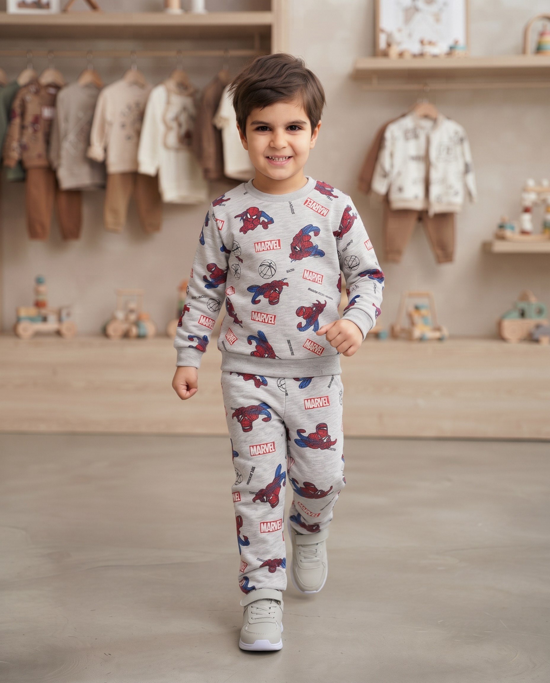 ERKEK ÇOCUK TAKIM 2 İPLİK ŞARDONLU MEVSİMLİK KOLLAR VE PAÇA MAŞENTLİ DETAYLI KAHRAMAN BASKILI ÇOCUK TAKIM 