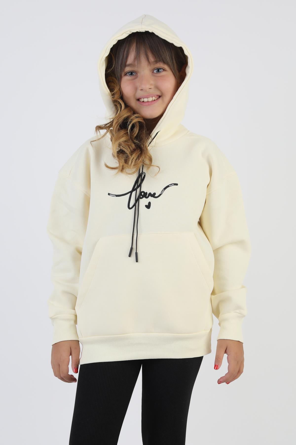 Kapşonlu Love Baskılı Kanguru Cepli Kız Çocuk Sweatshirt