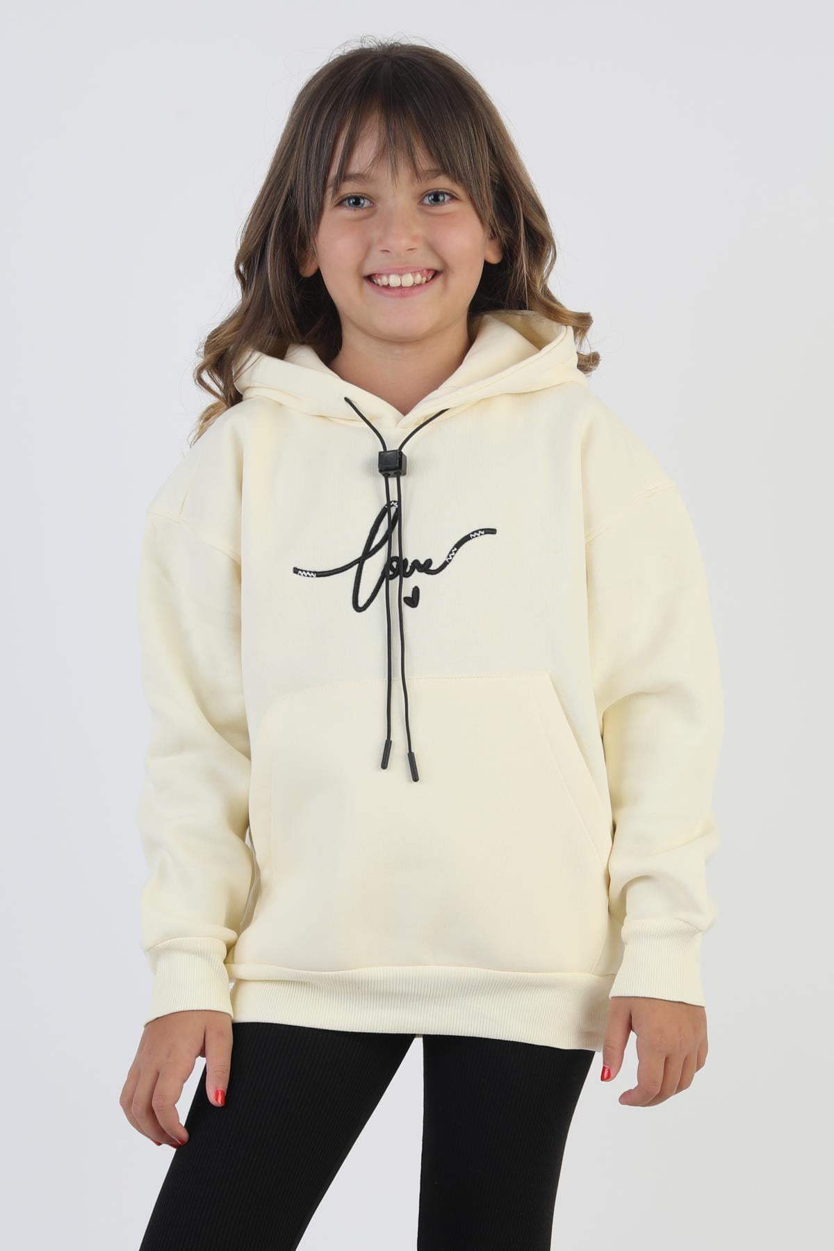 Kapşonlu Love Baskılı Kanguru Cepli Kız Çocuk Sweatshirt