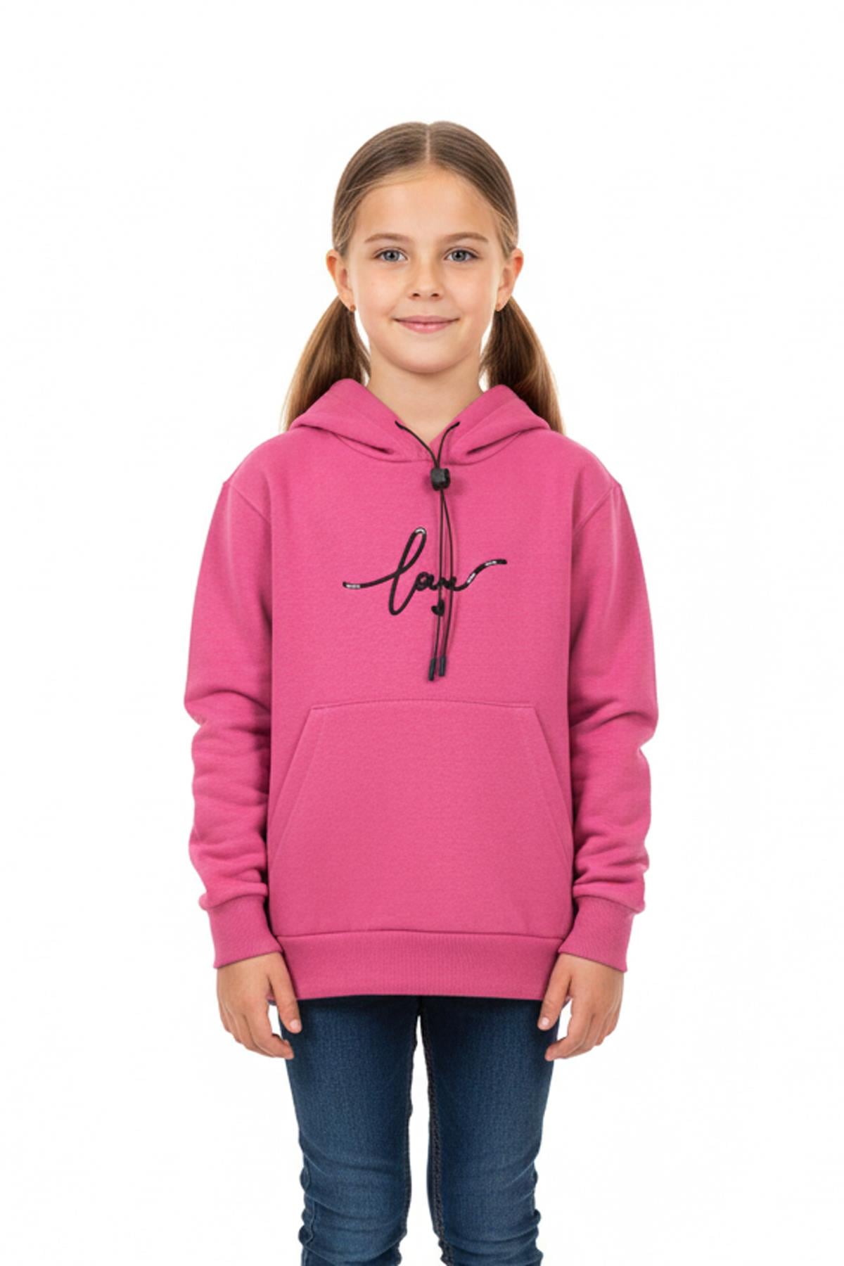 Kapşonlu Love Baskılı Kanguru Cepli Kız Çocuk Sweatshirt